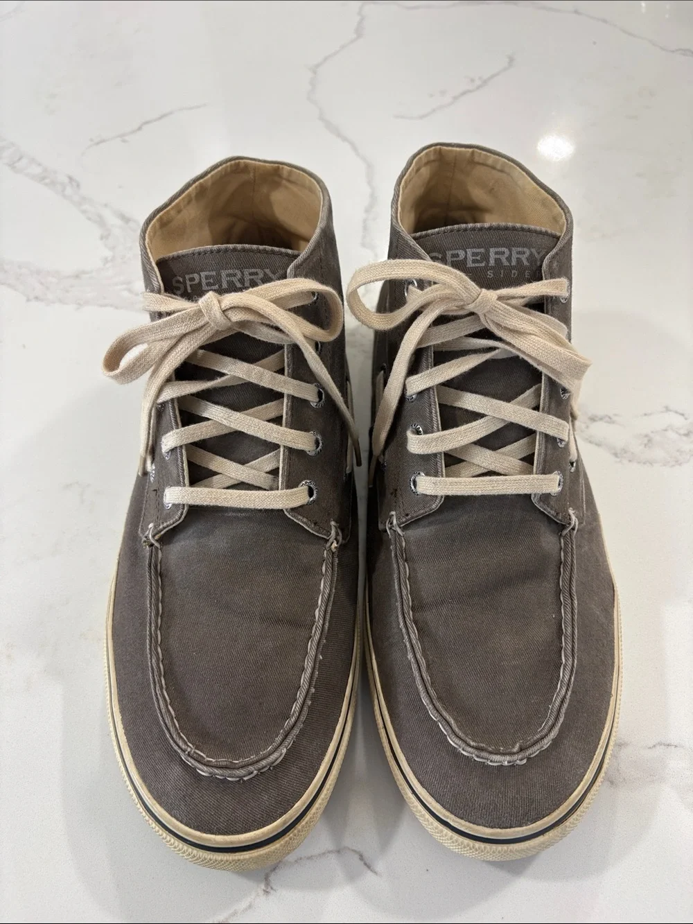 Sperry Men's Taupe Grey Canvas High-Top Boat Shoes Size 10.5